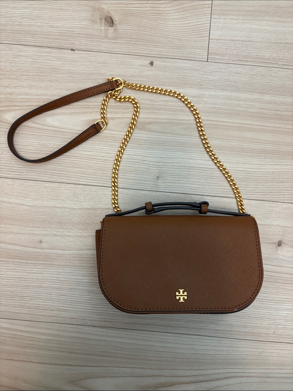 Tory Burch Cognac Saffiano Leather Crossbody with Gold Chain